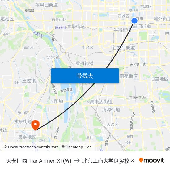 天安门西 Tian'Anmen XI (W) to 北京工商大学良乡校区 map
