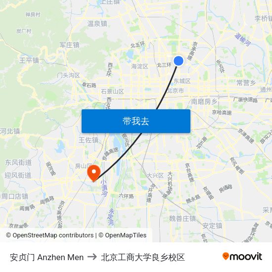 安贞门 Anzhen Men to 北京工商大学良乡校区 map