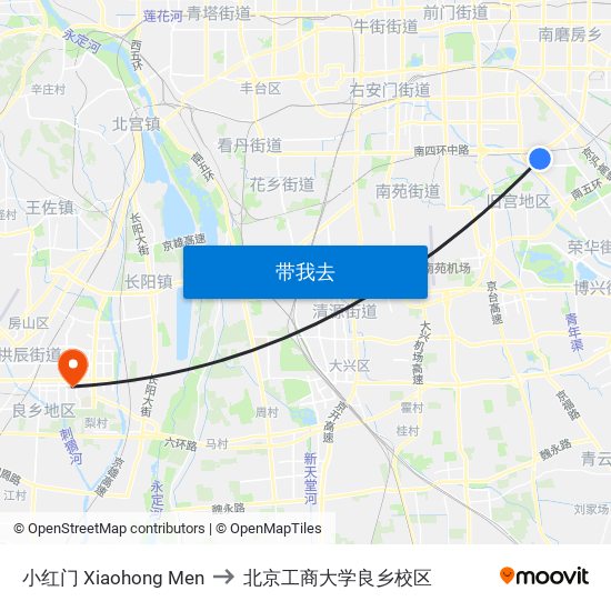 小红门 Xiaohong Men to 北京工商大学良乡校区 map