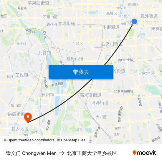 崇文门  Chongwen Men to 北京工商大学良乡校区 map