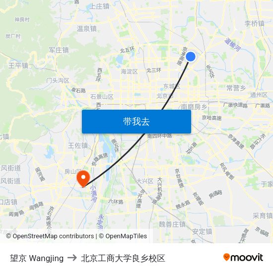 望京 Wangjing to 北京工商大学良乡校区 map