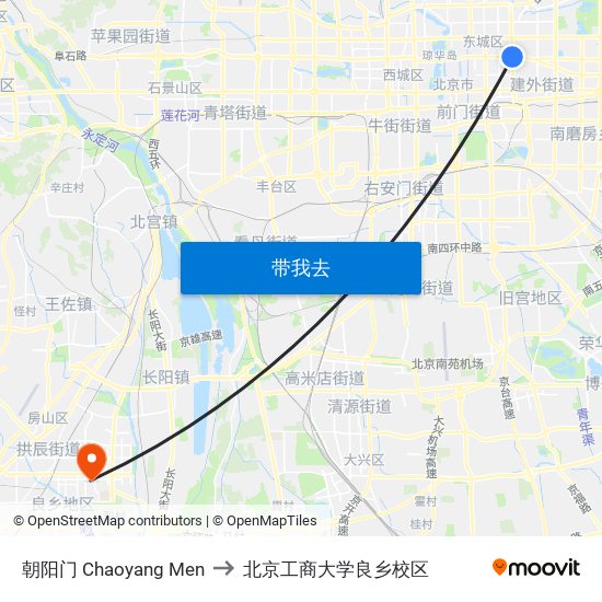 朝阳门 Chaoyang Men to 北京工商大学良乡校区 map