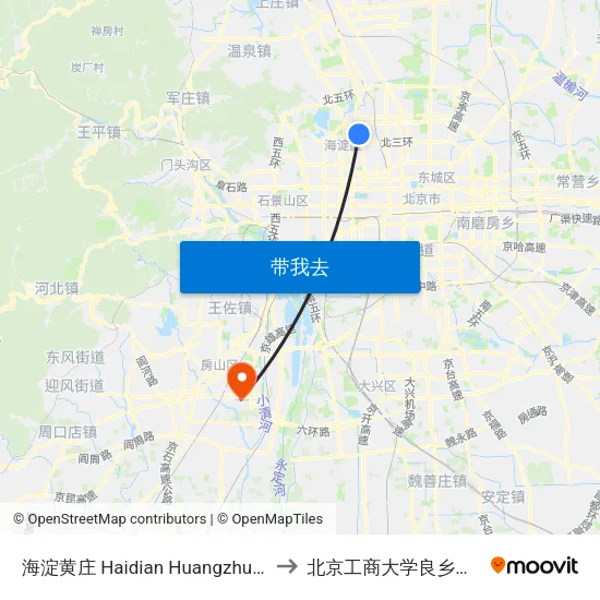 海淀黄庄 Haidian Huangzhuang to 北京工商大学良乡校区 map