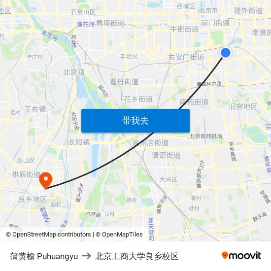 蒲黄榆 Puhuangyu to 北京工商大学良乡校区 map