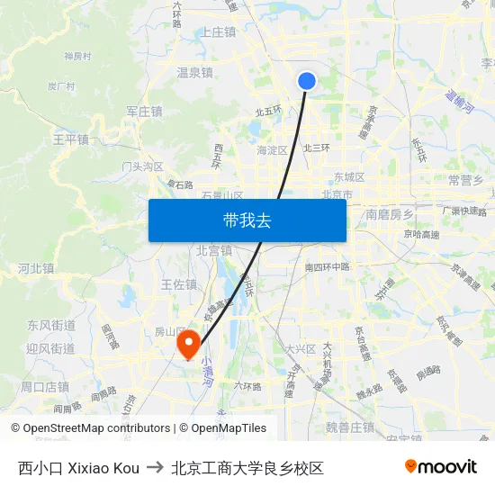 西小口 Xixiao Kou to 北京工商大学良乡校区 map