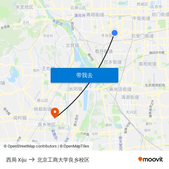 西局 Xiju to 北京工商大学良乡校区 map