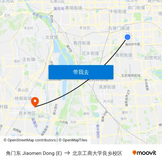 角门东 Jiaomen Dong (E) to 北京工商大学良乡校区 map