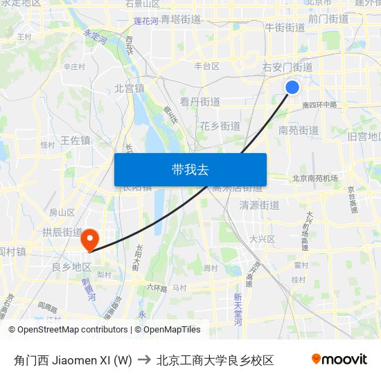 角门西 Jiaomen XI (W) to 北京工商大学良乡校区 map