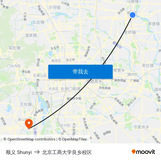 顺义 Shunyi to 北京工商大学良乡校区 map