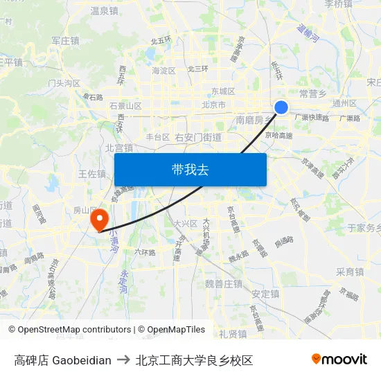 高碑店 Gaobeidian to 北京工商大学良乡校区 map