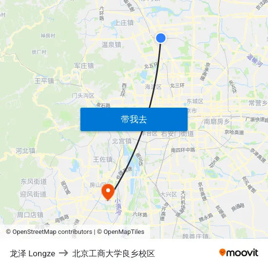 龙泽 Longze to 北京工商大学良乡校区 map