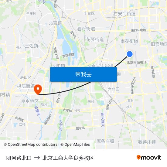 团河路北口 to 北京工商大学良乡校区 map