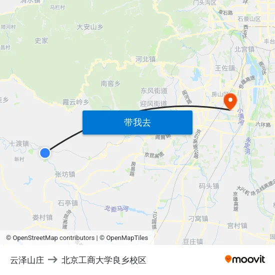 云泽山庄 to 北京工商大学良乡校区 map
