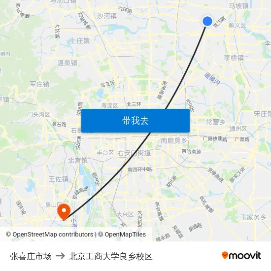 张喜庄市场 to 北京工商大学良乡校区 map