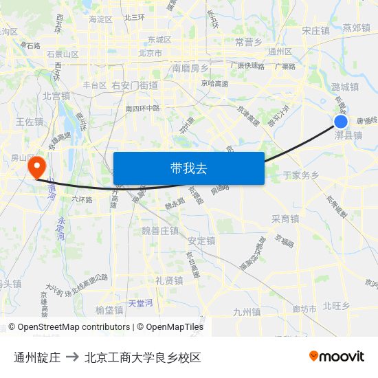 通州靛庄 to 北京工商大学良乡校区 map