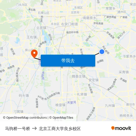 马驹桥一号桥 to 北京工商大学良乡校区 map