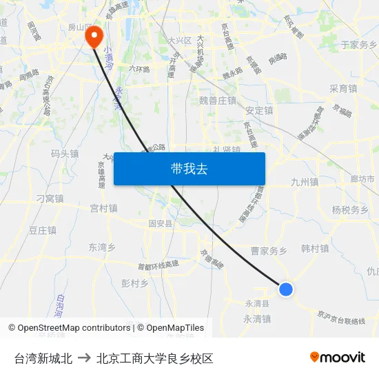 台湾新城北 to 北京工商大学良乡校区 map
