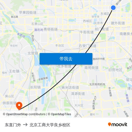 东直门外 to 北京工商大学良乡校区 map