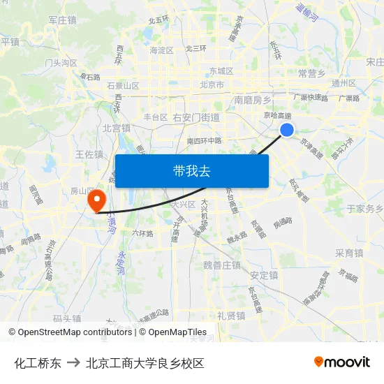 化工桥东 to 北京工商大学良乡校区 map