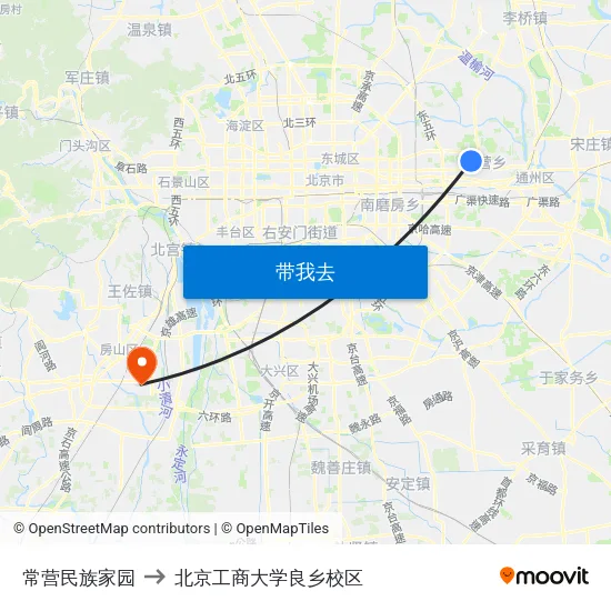 常营民族家园 to 北京工商大学良乡校区 map