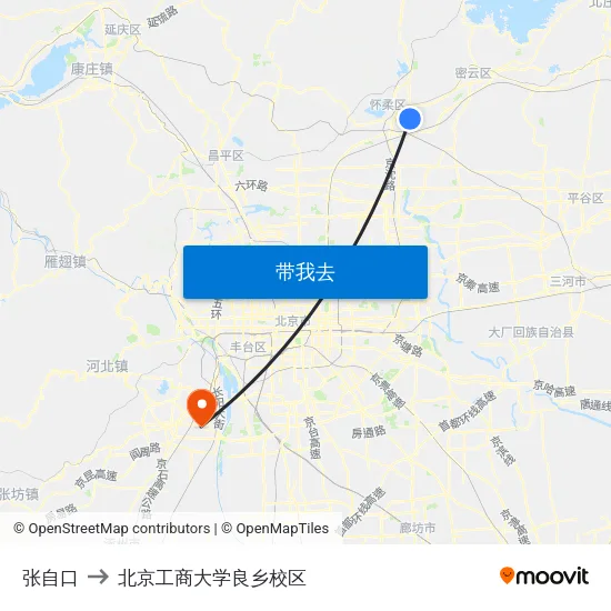 张自口 to 北京工商大学良乡校区 map