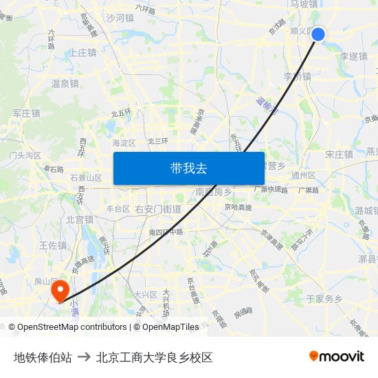 地铁俸伯站 to 北京工商大学良乡校区 map