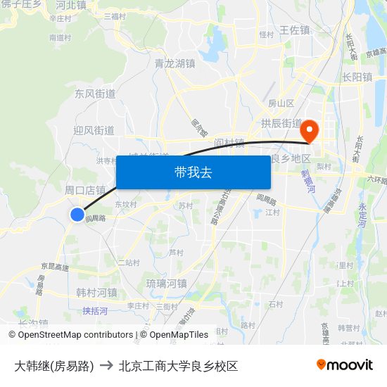 大韩继(房易路) to 北京工商大学良乡校区 map