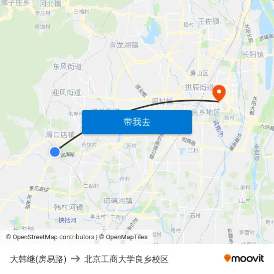 大韩继(房易路) to 北京工商大学良乡校区 map