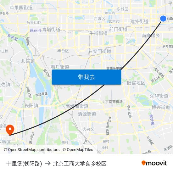 十里堡(朝阳路) to 北京工商大学良乡校区 map