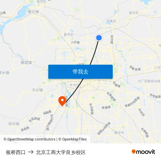 板桥西口 to 北京工商大学良乡校区 map