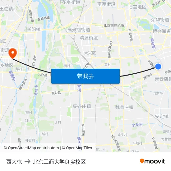 西大屯 to 北京工商大学良乡校区 map