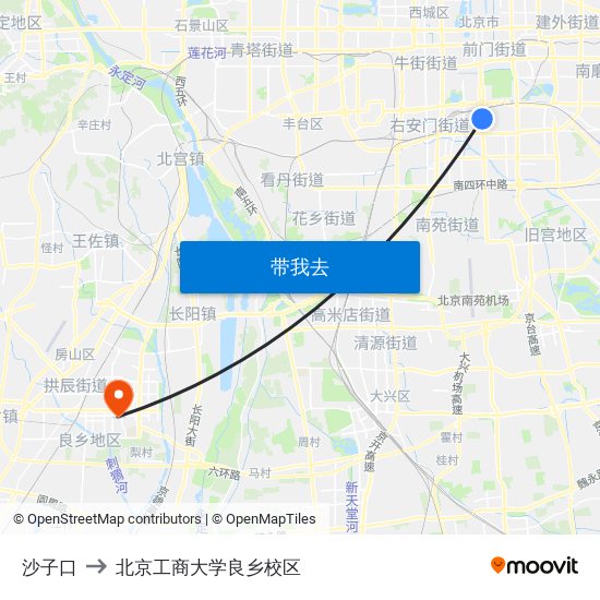 沙子口 to 北京工商大学良乡校区 map