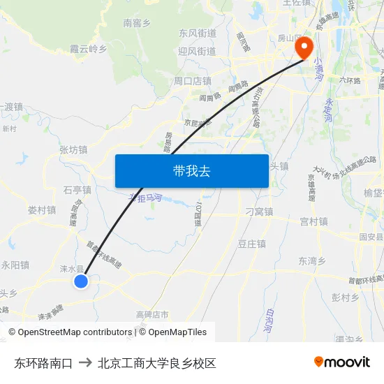 东环路南口 to 北京工商大学良乡校区 map