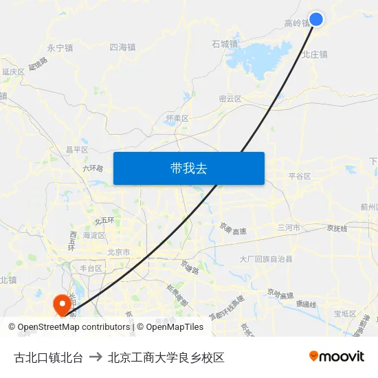 古北口镇北台 to 北京工商大学良乡校区 map