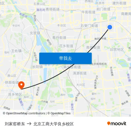 刘家窑桥东 to 北京工商大学良乡校区 map