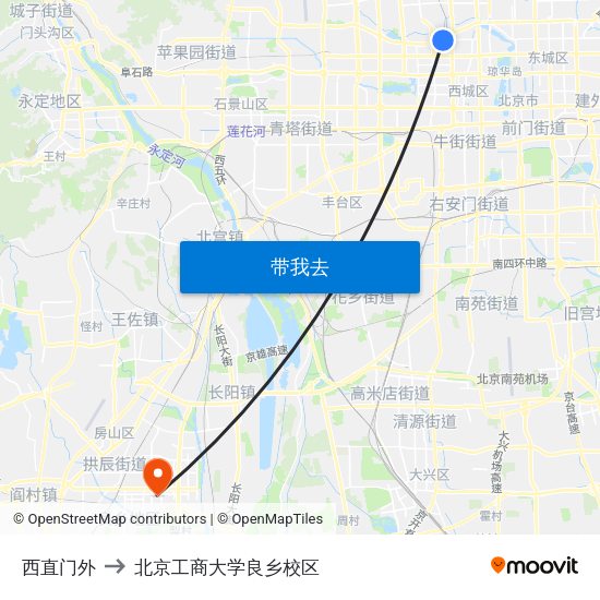 西直门外 to 北京工商大学良乡校区 map