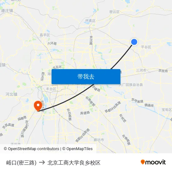 峪口(密三路) to 北京工商大学良乡校区 map