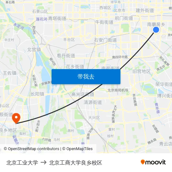 北京工业大学 to 北京工商大学良乡校区 map