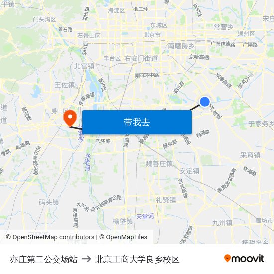 亦庄第二公交场站 to 北京工商大学良乡校区 map
