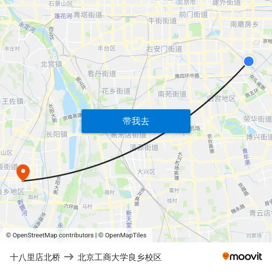 十八里店北桥 to 北京工商大学良乡校区 map