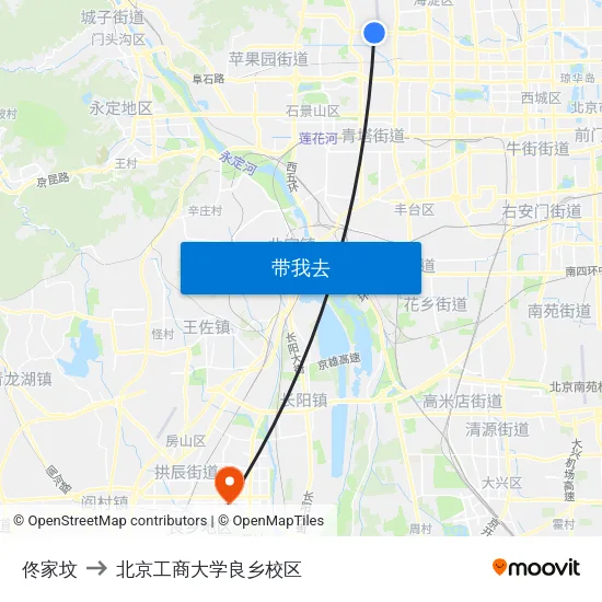 佟家坟 to 北京工商大学良乡校区 map