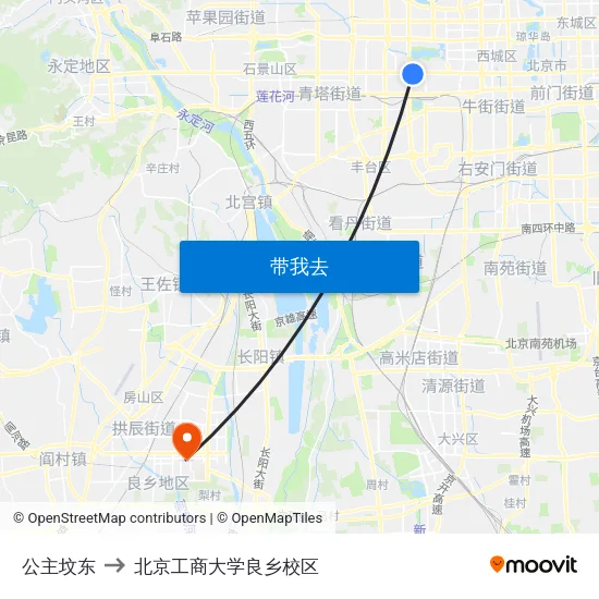 公主坟东 to 北京工商大学良乡校区 map