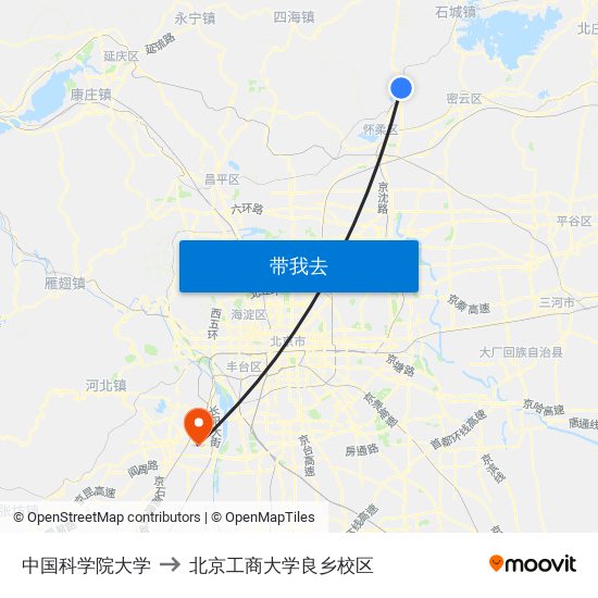中国科学院大学 to 北京工商大学良乡校区 map
