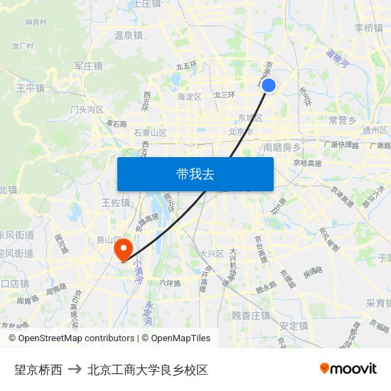 望京桥西 to 北京工商大学良乡校区 map