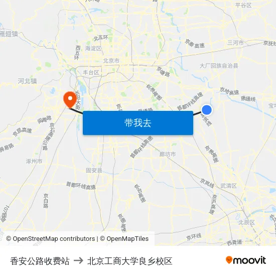 香安公路收费站 to 北京工商大学良乡校区 map