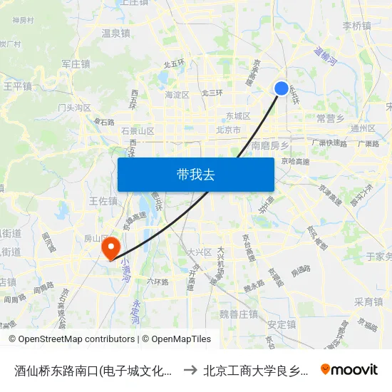 酒仙桥东路南口(电子城文化广场) to 北京工商大学良乡校区 map
