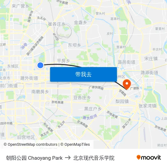 朝阳公园 Chaoyang Park to 北京现代音乐学院 map