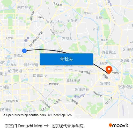 东直门 Dongzhi Men to 北京现代音乐学院 map