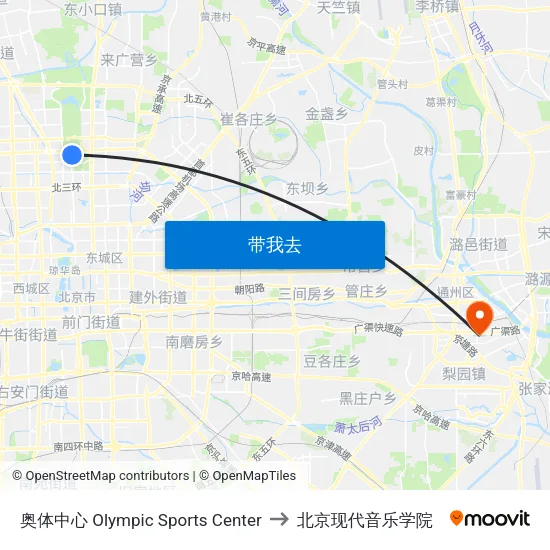 奥体中心 Olympic Sports Center to 北京现代音乐学院 map