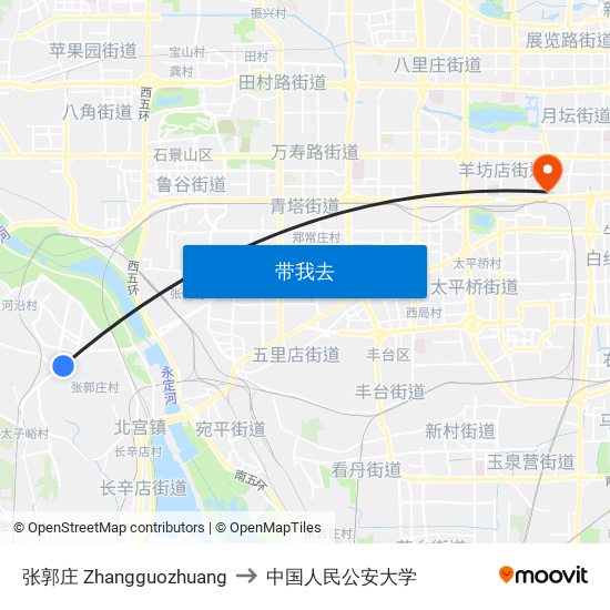 张郭庄 Zhangguozhuang to 中国人民公安大学 map